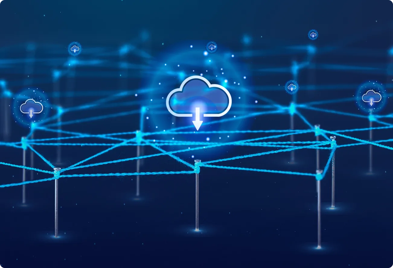 Cloud download icons over a glowing mesh network, representing edge/cloud sync.