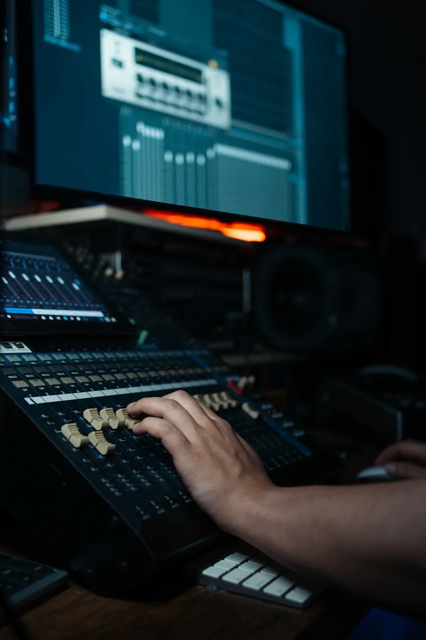 Hand adjusting faders on a studio mixing console under DAW screen.