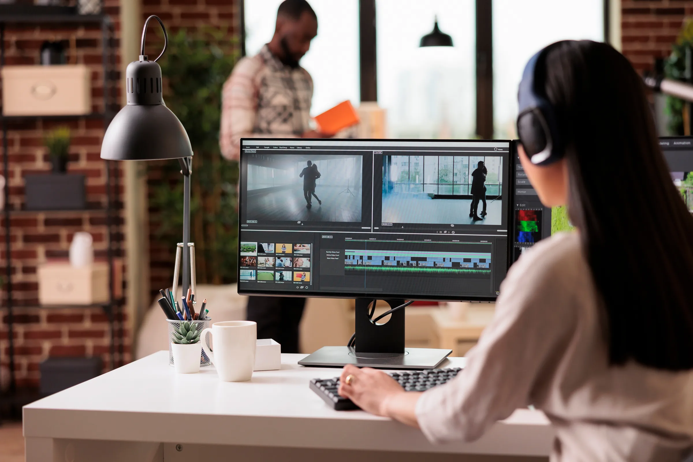 Video editor wearing headphones editing footage on a desktop monitor with timeline in a post‑production studio.